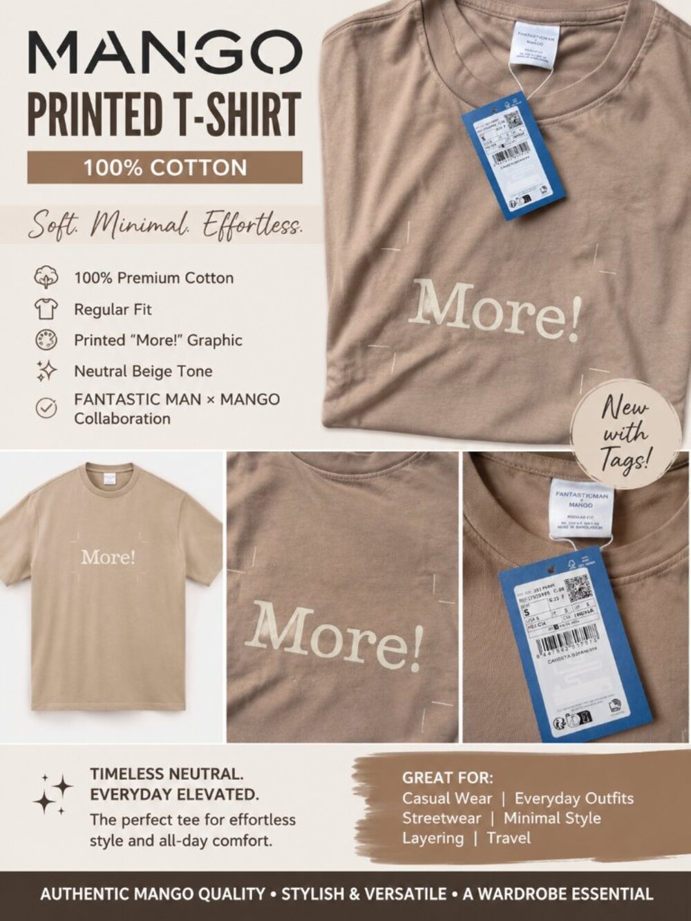 NWT Mango x FANTASTICMAN More! Graphic T-Shirt 100% Cotton Beige Regular Fit Siz